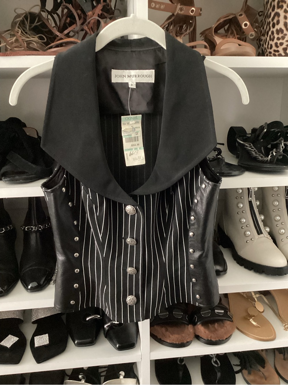 Black Pinstripe Vest With Leather Side Panels And Silver Studs
